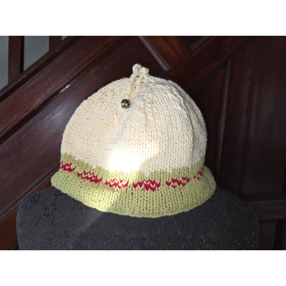 Handmade Knitted Beige & Green Wool Hat With Red Accent Zigzag Trim